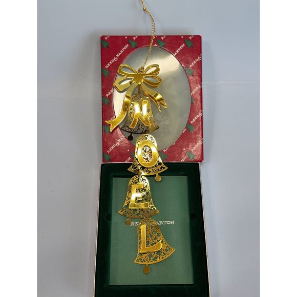 Reed & Barton Noel Bells Ornament Gold Tone Filigree Dangling Letters 8 Inch Box - Picture 2 of 8